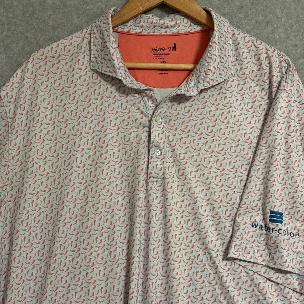 johnnie-O Mens XXL Performance Polo Shirt Chili Pepper Print WaterColor Blue Red